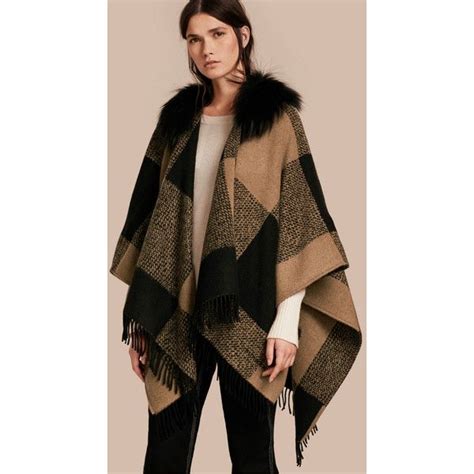 burberry classic poncho|Burberry fur trimmed poncho.